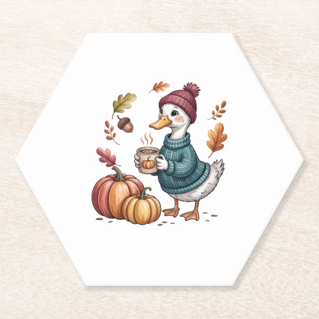 Cosy Pumpkin Coffee Goose Fall Art Paper Coaster (Front)