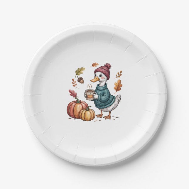 Cosy Pumpkin Coffee Goose Fall Art Paper Plate (Front)