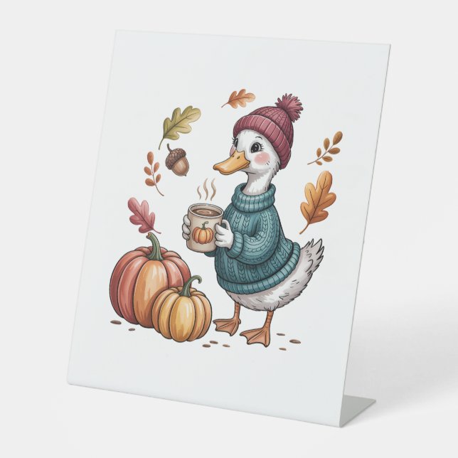 Cosy Pumpkin Coffee Goose Fall Art Pedestal Sign (Front)