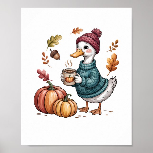 Cosy Pumpkin Coffee Goose Fall Art Poster (Front)