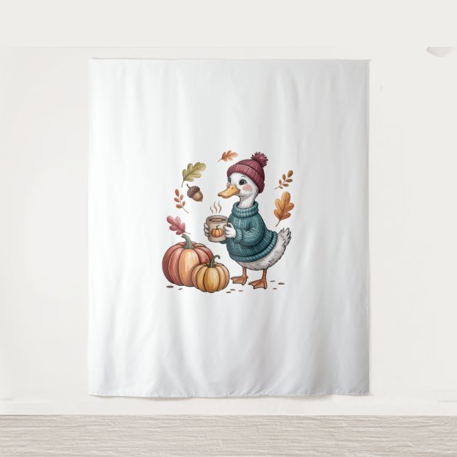 Cosy Pumpkin Coffee Goose Fall Art Tapestry (Front)