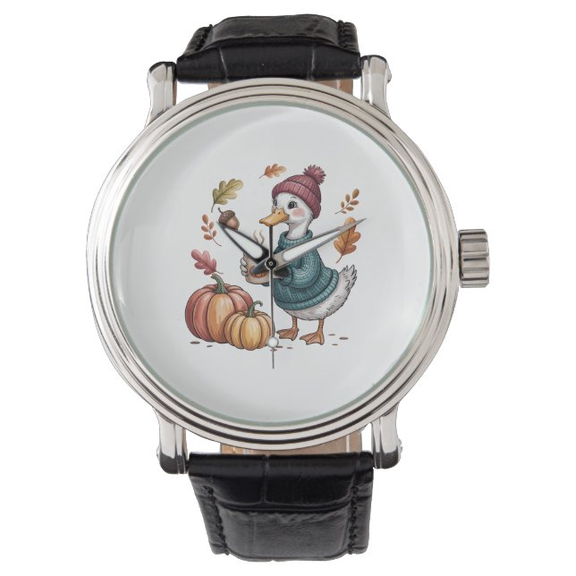 Cosy Pumpkin Coffee Goose Fall Art Watch (Front)
