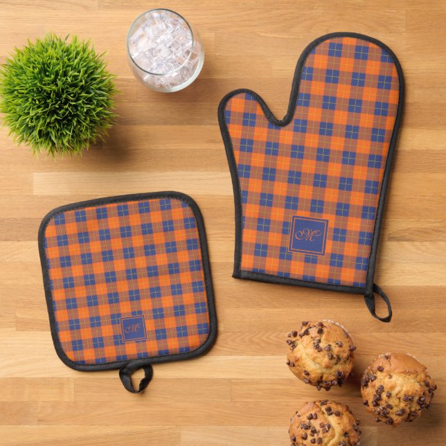 Cosy Pumpkin Orange Blue Tartan Plaid Monogrammed Oven Mitt & Pot Holder Set (Top Down)