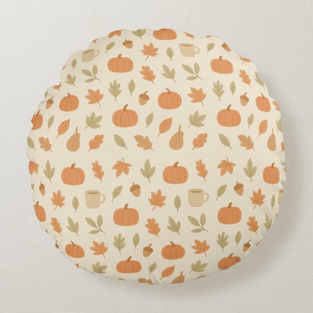 Cosy Pumpkin Spice Autumn Seamless Pattern Round Cushion (Front)