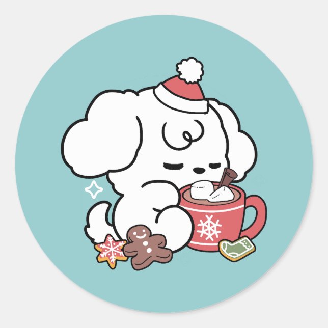 Cosy Puppy Dreams – Hot Chocolate and Christmas Classic Round Sticker (Front)