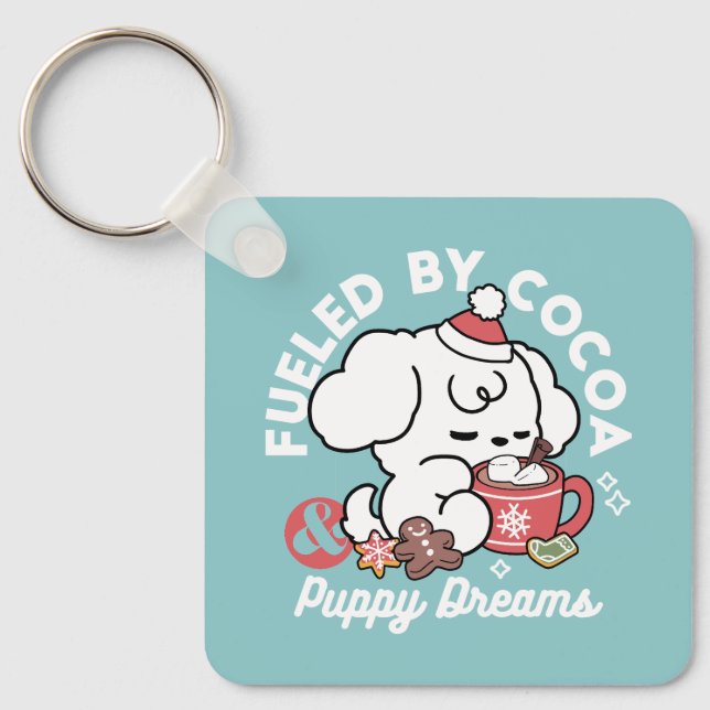 Cosy Puppy Dreams – Hot Chocolate and Christmas Key Ring (Front)