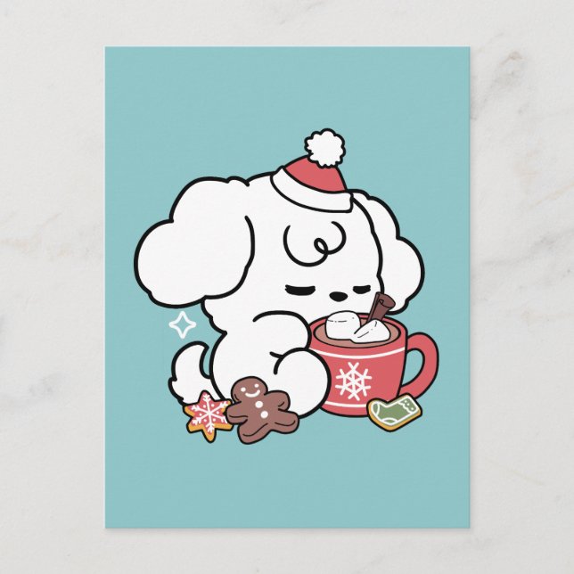 Cosy Puppy Dreams – Hot Chocolate and Christmas Postcard (Front)