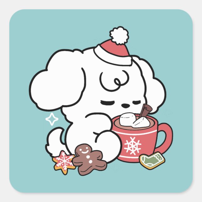 Cosy Puppy Dreams – Hot Chocolate and Christmas Square Sticker (Front)