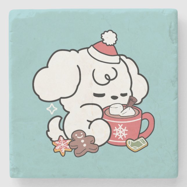 Cosy Puppy Dreams – Hot Chocolate and Christmas Stone Coaster (Front)