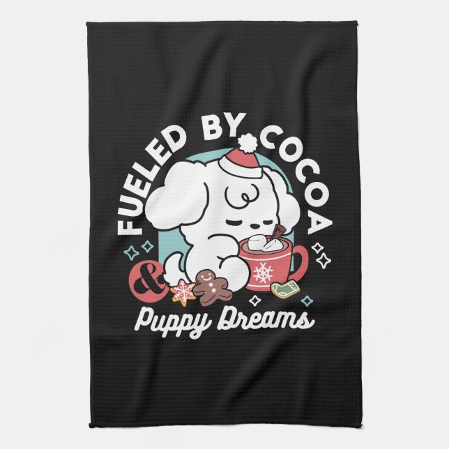 Cosy Puppy Dreams – Hot Chocolate and Christmas Tea Towel (Vertical)