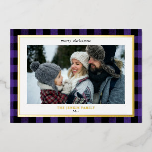 Cosy Purple Black Plaid Border 3 Photos Christmas Foil Holiday Card