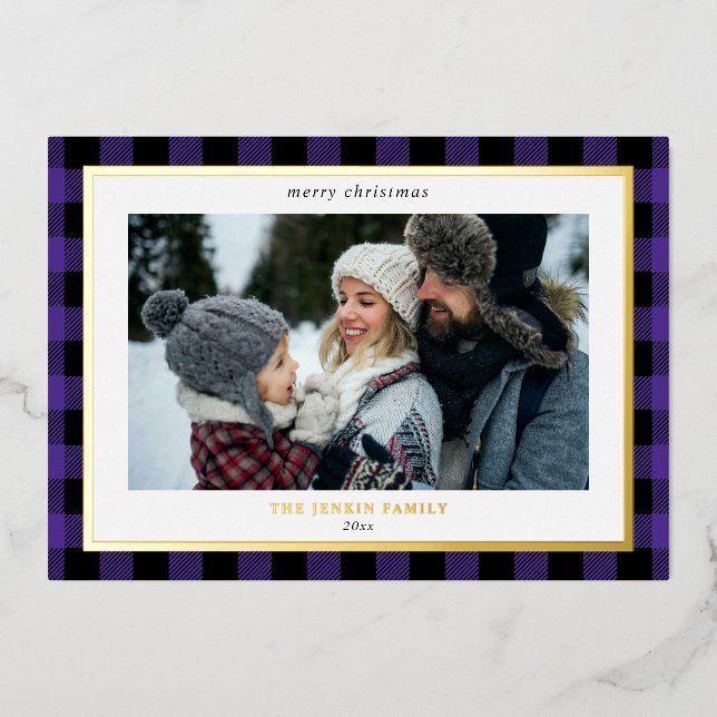 Cosy Purple Black Plaid Border 3 Photos Christmas Foil Holiday Card (Front)