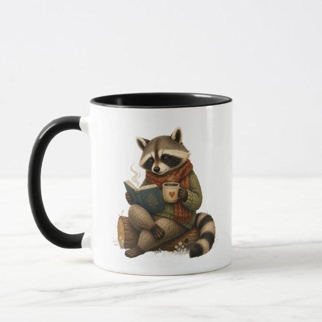 Cosy Racoon Reading Book with Coffee Mug (Left)
