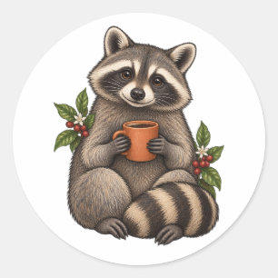Cosy Racoon with Coffee and Botanical Leaves Classic Round Sticker