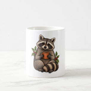 Cosy Racoon with Coffee and Botanical Leaves Mug