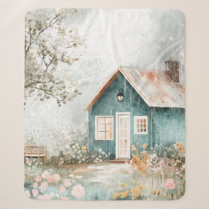 Cosy Rainy Cottage Wildflower Garden Scene Sherpa Blanket