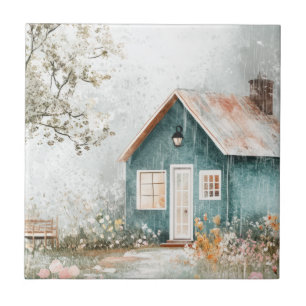 Cosy Rainy Cottage Wildflower Garden Scene Tile