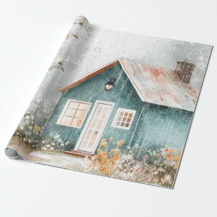 Cosy Rainy Cottage Wildflower Garden Scene Wrapping Paper