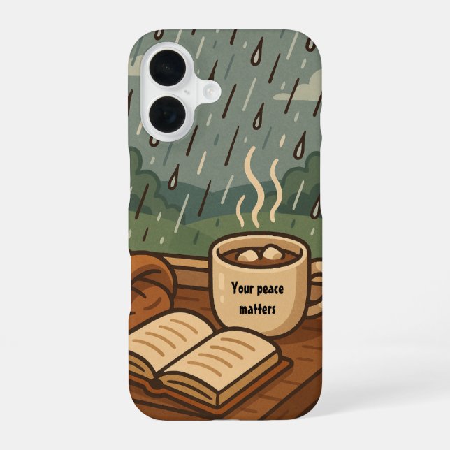 Cosy Rainy Window 'Your Peace Matters'  iPhone 16 Case (Back)