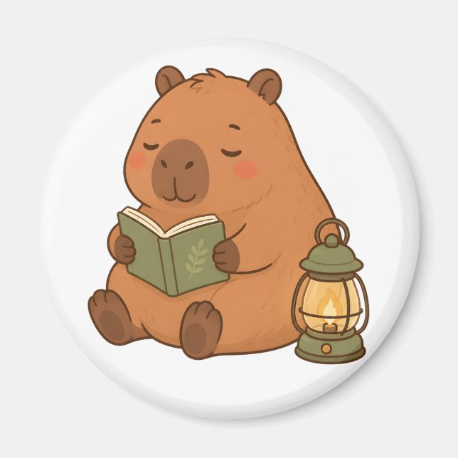 Cosy Reading Capybara Lantern Kawaii Fridge Magnet (Front)