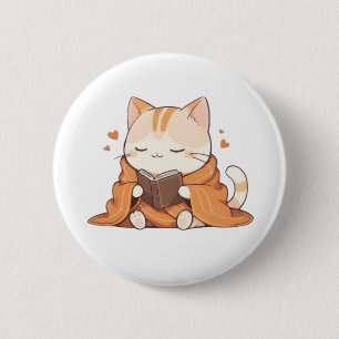 Cosy Reading Cat Kawaii Bookworm Kitten Design 6 Cm Round Badge