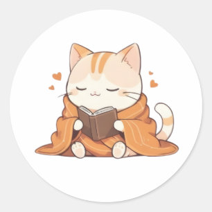 Cosy Reading Cat Kawaii Bookworm Kitten Design Classic Round Sticker