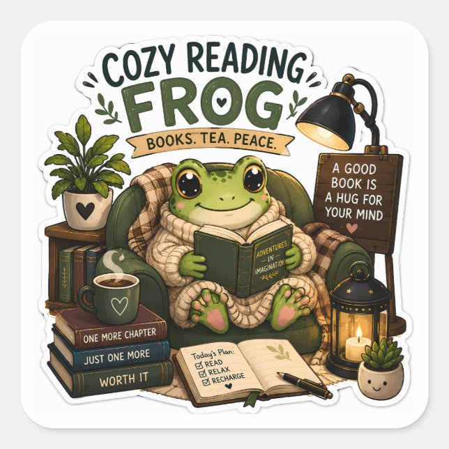 Cosy Reading Frog – Books • Tea • Peace Square Sticker (Front)