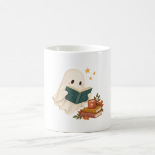 Cosy Reading Ghost with Teal Book and Cocoa Coffee Mug