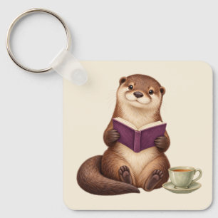 Cosy Reading Otter with Purple Book and Tea Key Ring