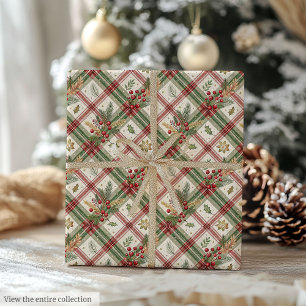 Cosy red and green watercolor holly berry wrap wrapping paper