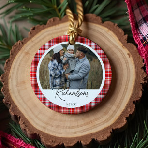 Cosy Red and White Plaid fabric Family Photo Ceramic Tree Decoration