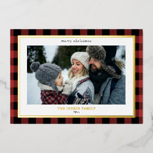 Cosy Red Black Plaid Border 3 Photos Christmas Foil Holiday Card