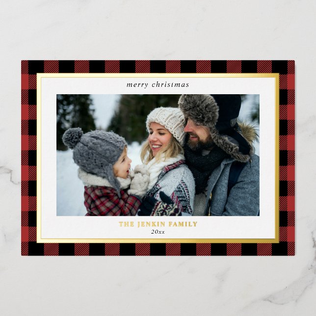 Cosy Red Black Plaid Border 3 Photos Christmas Foil Holiday Card (Front)