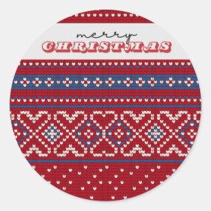 Cosy Red & Blue Sweater Merry Christmas Classic Round Sticker