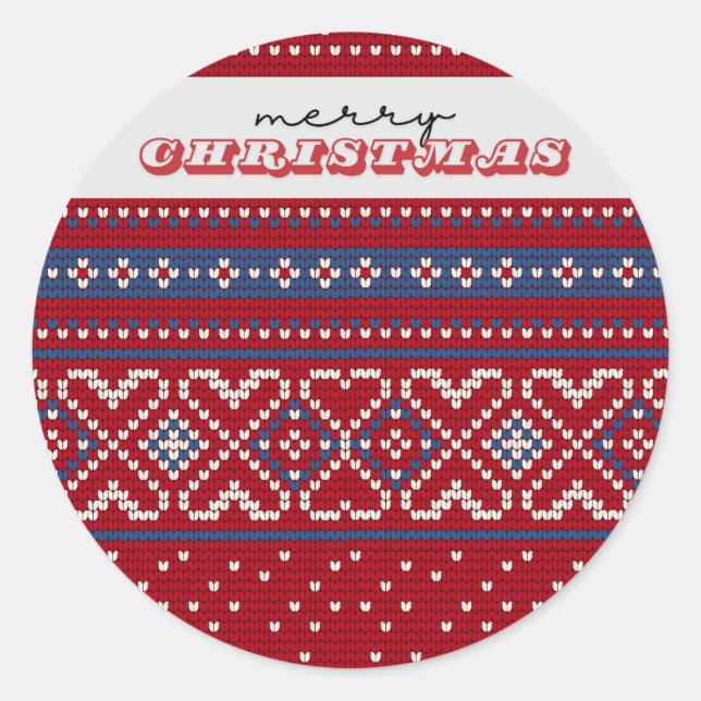 Cosy Red & Blue Sweater Merry Christmas Classic Round Sticker (Front)