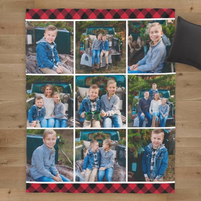 Cosy Red Buffalo Plaid Holiday Photo Collage Fleece Blanket (Creator Uploaded)