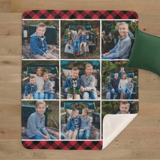Cosy Red Buffalo Plaid Holiday Photo Collage Sherpa Blanket (Creator Uploaded)