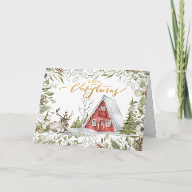 Cosy Red Christmas Cabin in the Woods Card (Front)