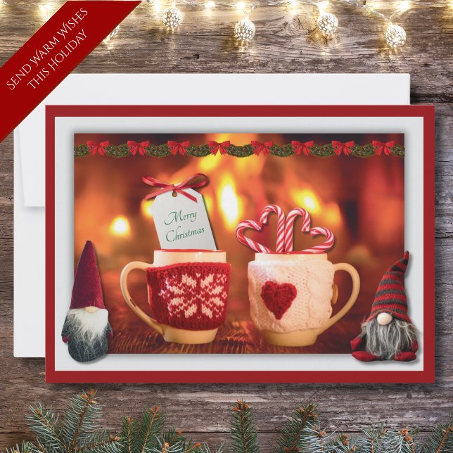 Cosy Red Festive Gnome Christmas Flat Holiday Card (Cozy Red Festive Gnome Flat Christmas Card Front)