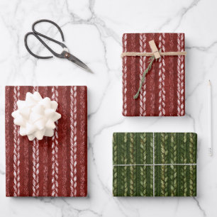 Cosy Red Green Braided Stripes Christmas Wrapping Paper Sheet