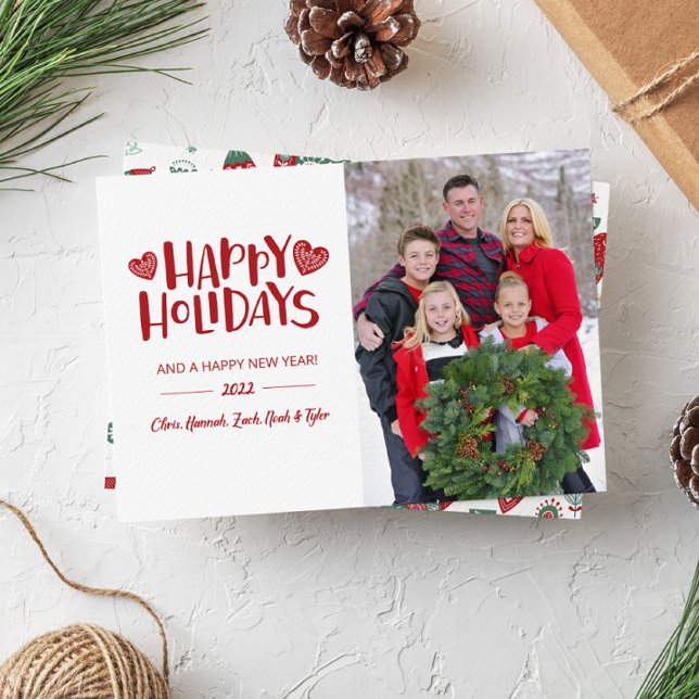 Cosy Red Nordic Hearts Merry Christmas Photo Card (Creator Uploaded)