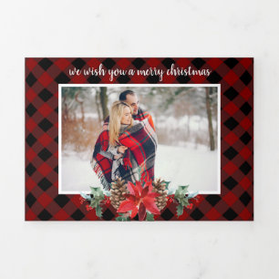 Cosy red plaid multi photo Christmas Tri-Fold Holiday Card