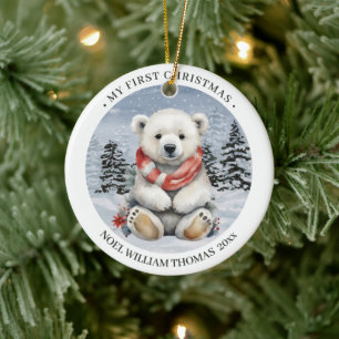 Cosy Red Scarf Polar Bear Baby's First Christmas Ceramic Tree Decoration