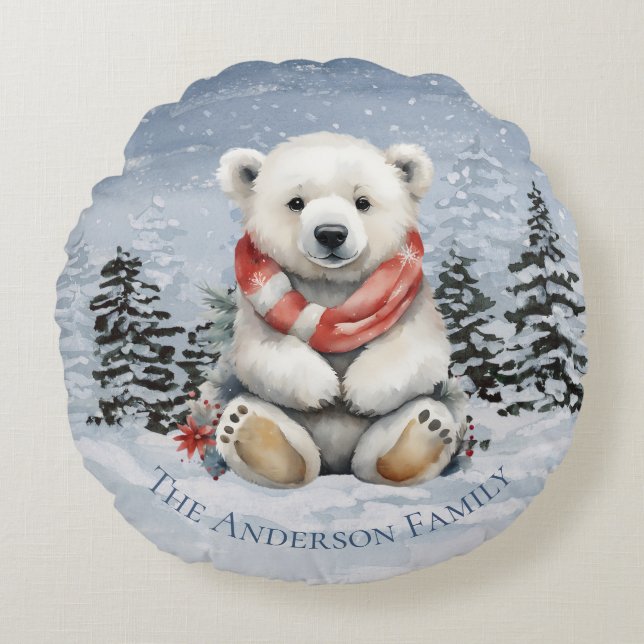 Cosy Red Scarf Polar Bear Christmas Round Cushion (Front)