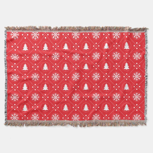 Cosy Red White Snowflakes Christmas Trees Design Throw Blanket (Front)