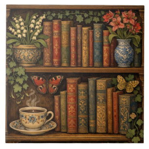 Cosy retro book shelf botanical coffee tea lover tile
