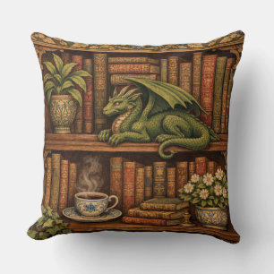 Cosy retro book shelf dragon coffee tea lover cushion