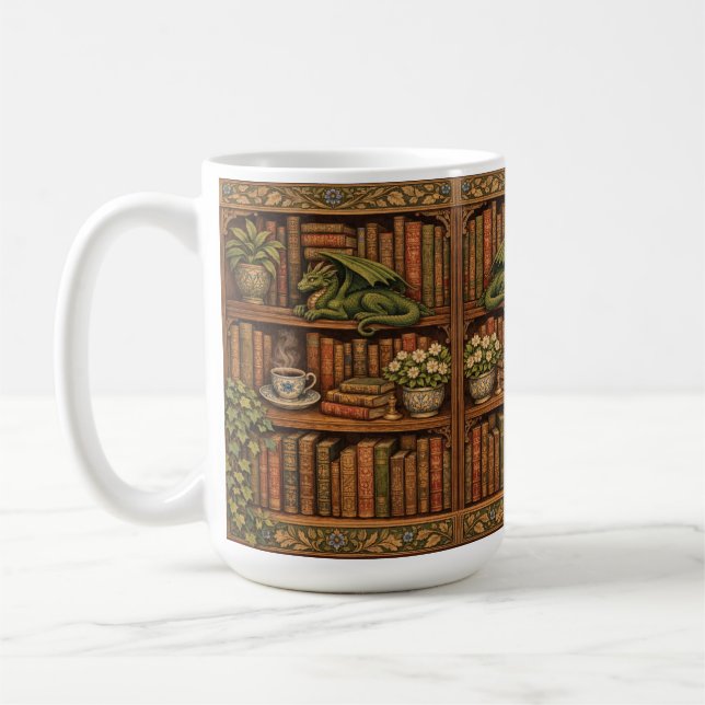 Cosy retro book shelf dragon coffee tea lover mug (Left)