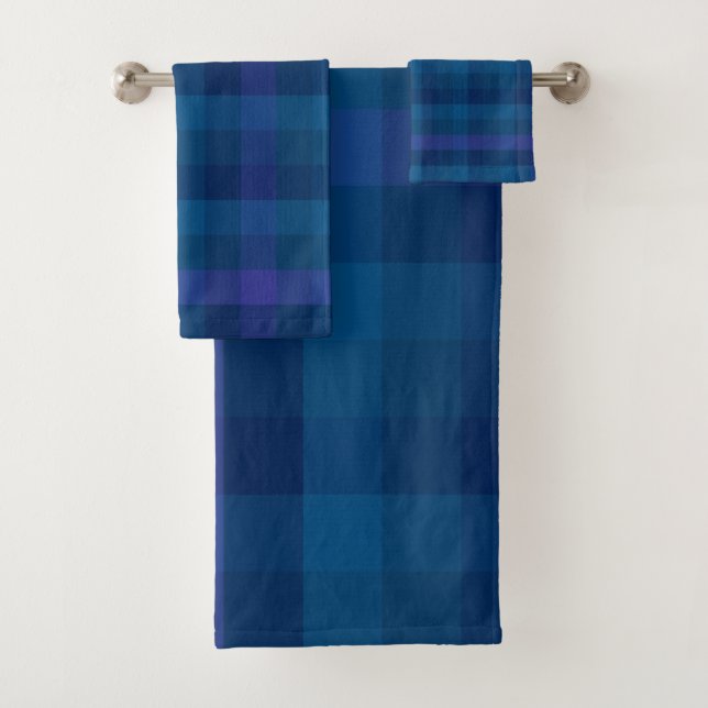 Cosy Rustic Navy Blue Geometric Plaid Pattern Bath Towel Set (Insitu)