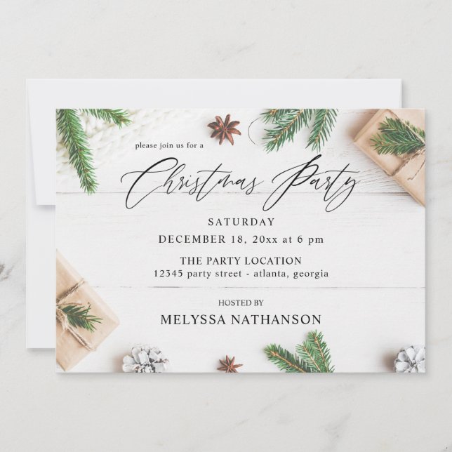 Cosy Rustic Pine Leaves Christmas Party Invitation (Front)